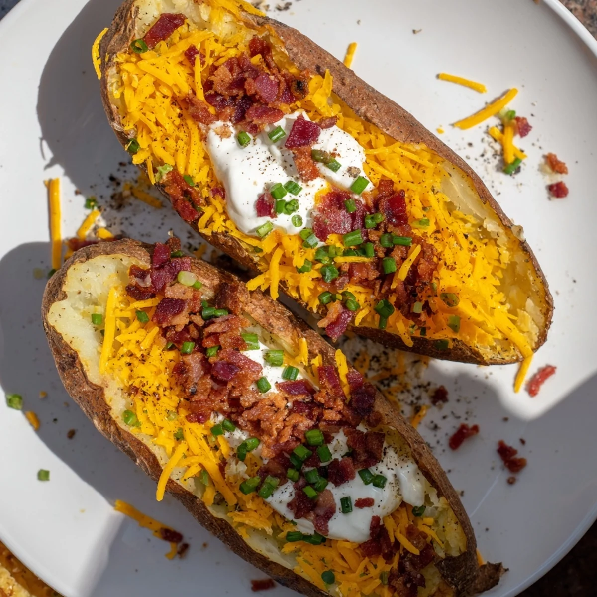 Steaming hot Loaded Baked Potato with melted cheddar cheese, bacon crumbles, and fresh chives.