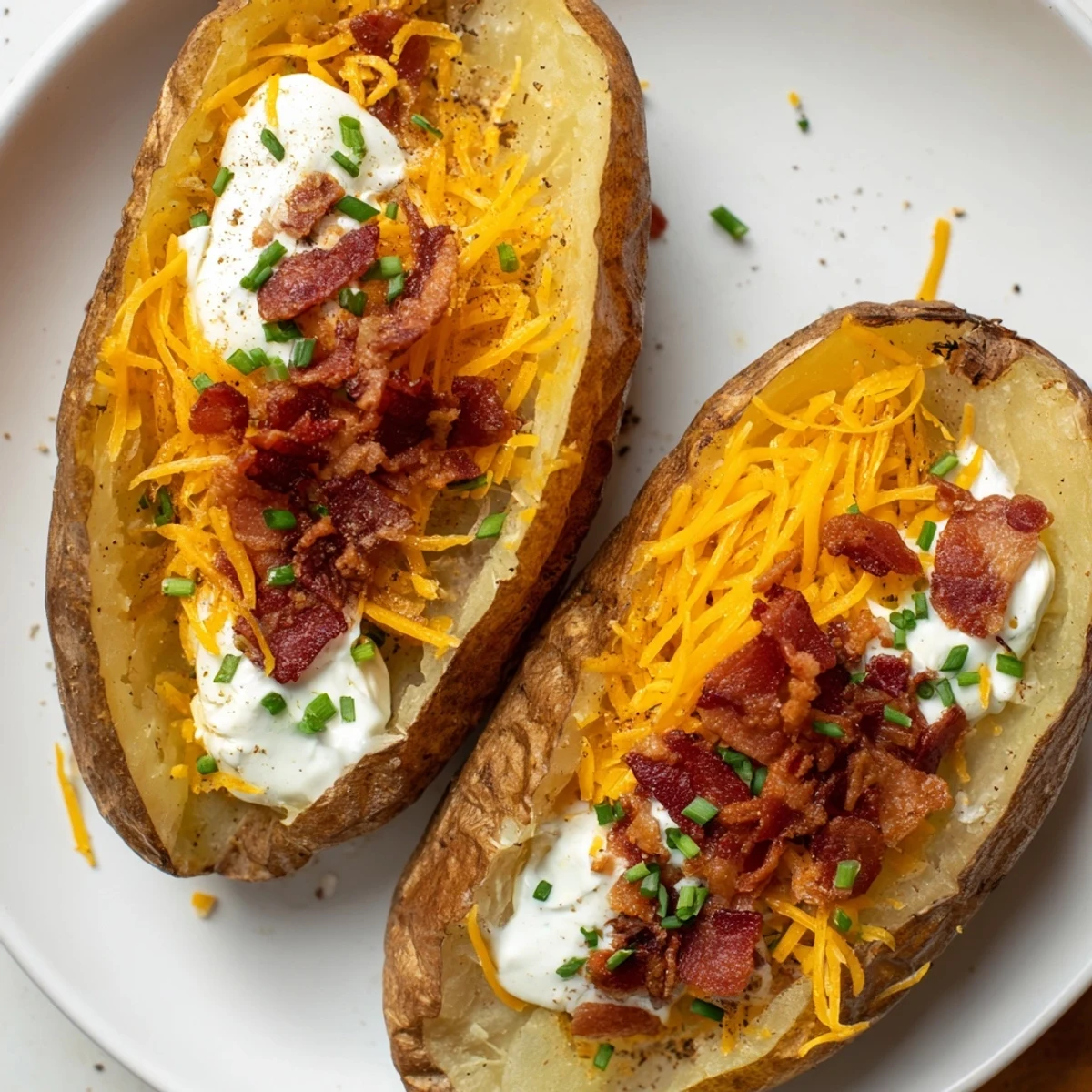 A fully-loaded baked potato boasting creamy sour cream, golden bacon, and vibrant green chives sprinkled on top.