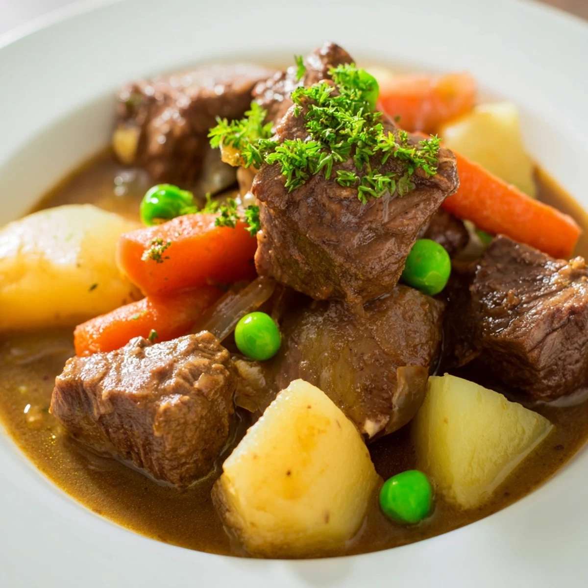 A close-up of a steaming bowl of hearty beef stew with chunks of tender beef and vegetables.