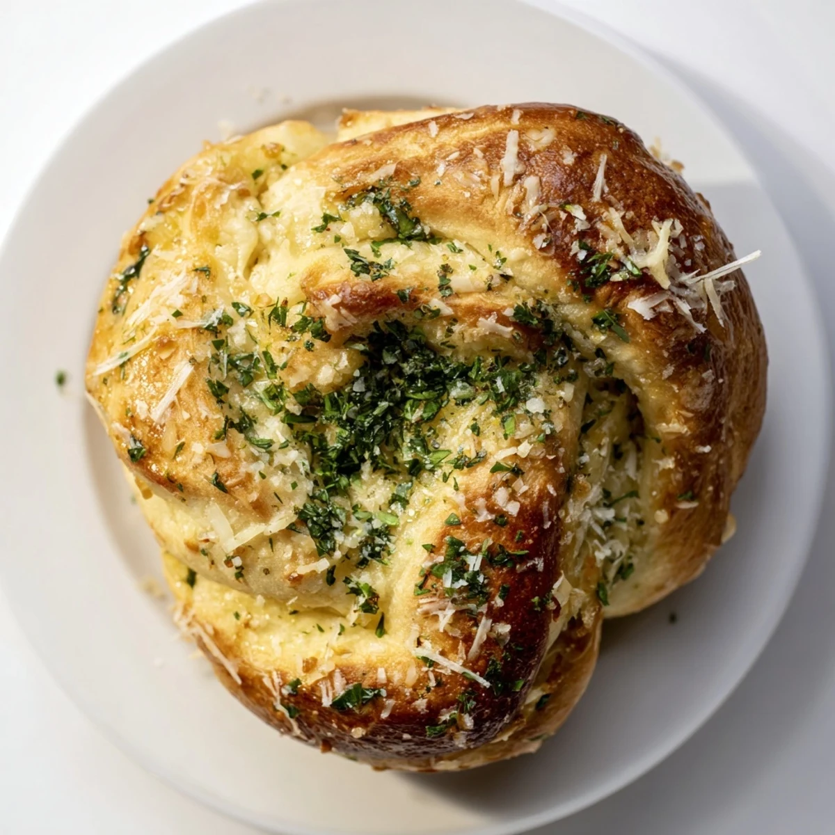 Golden, glistening garlic knot bread fresh from the oven, ready to be devoured.