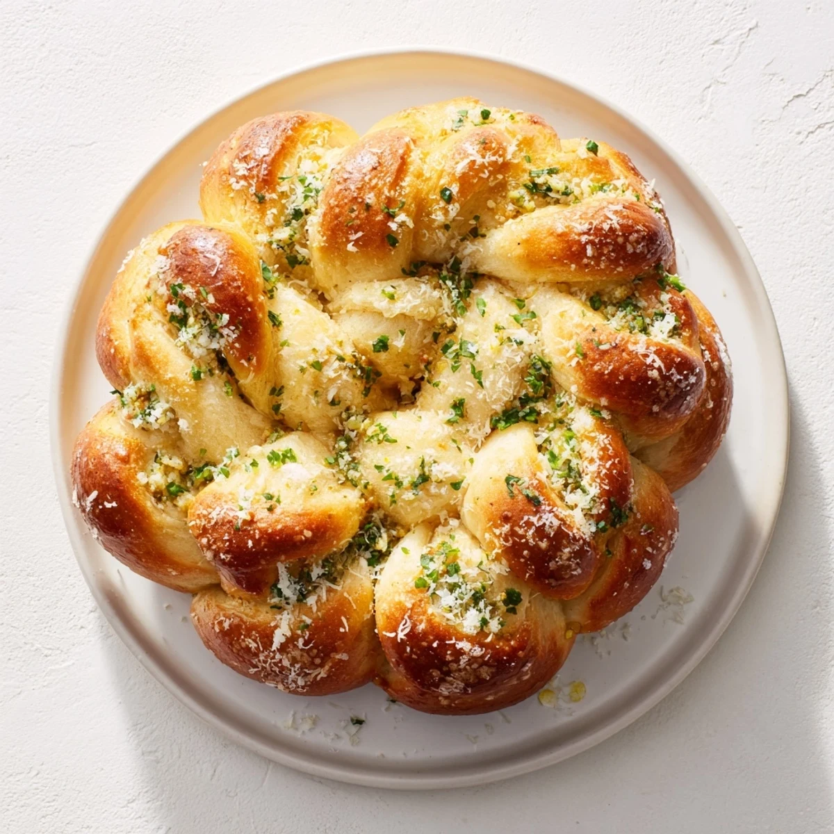 Warm, aromatic garlic knot bread served with parsley and melted garlic butter dipping sauce.