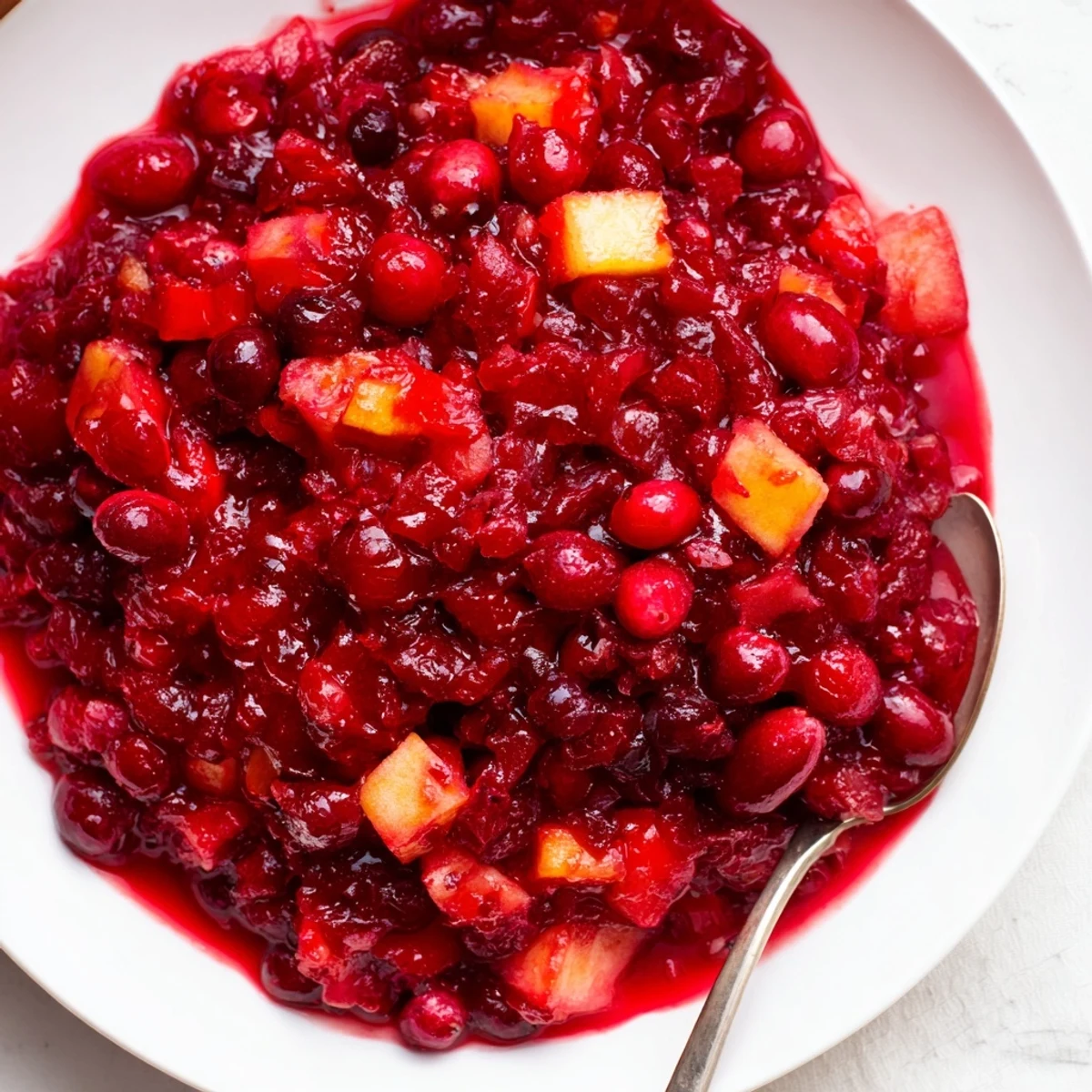 A close-up of chunky, glistening Cranberry Relish, perfect for turkey or alongside cheese.