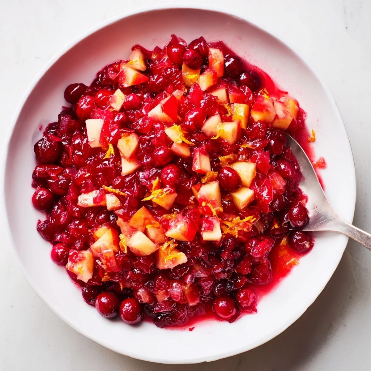 Bright red Cranberry Relish in a jar, ready to be served, a classic holiday treat.