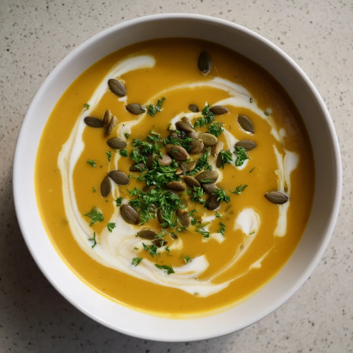 A steaming bowl of Winter Squash Soup, the flavors of roasted squash and spices delight.