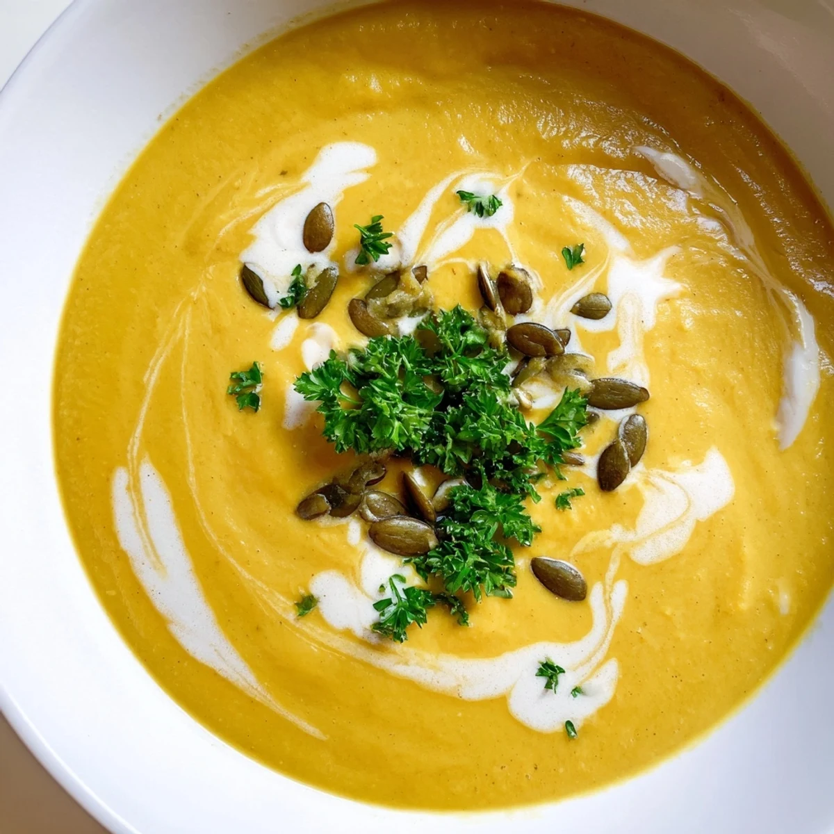 Creamy Winter Squash Soup swirled in a bowl, garnished with toasted pumpkin seeds and fresh parsley.