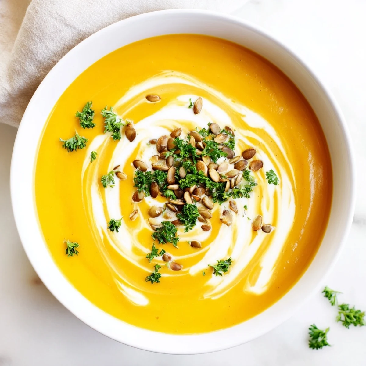 Homemade Winter Squash Soup, a vegetarian delight, ready to be enjoyed with crusty bread.