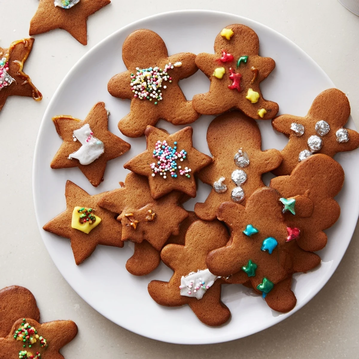 Close-up of freshly baked gingerbread cookie cutter cookies, showcasing festive shapes and vibrant decorations.