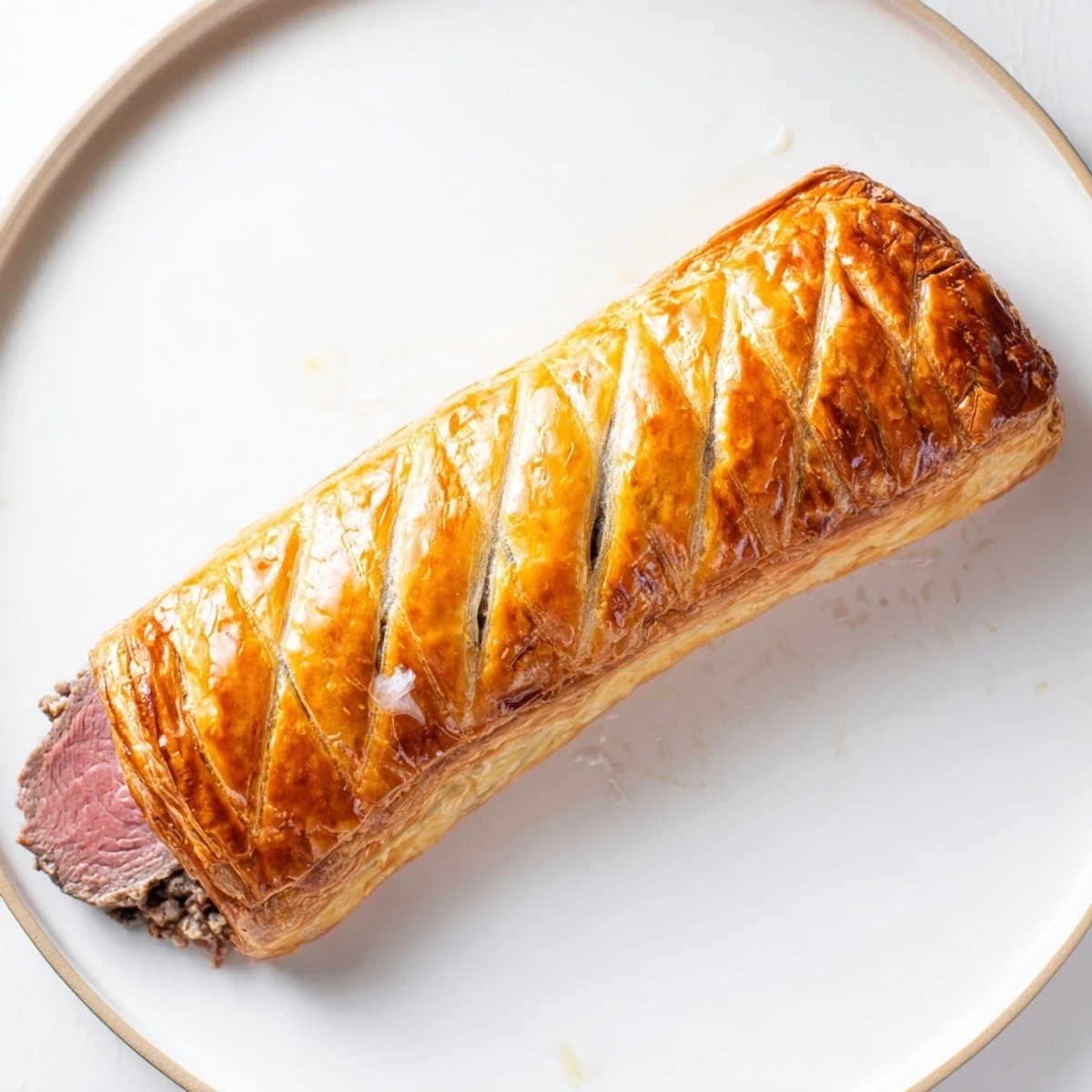 Golden, flaky crust encases a beautifully prepared Beef Wellington, ready for slicing and enjoying.