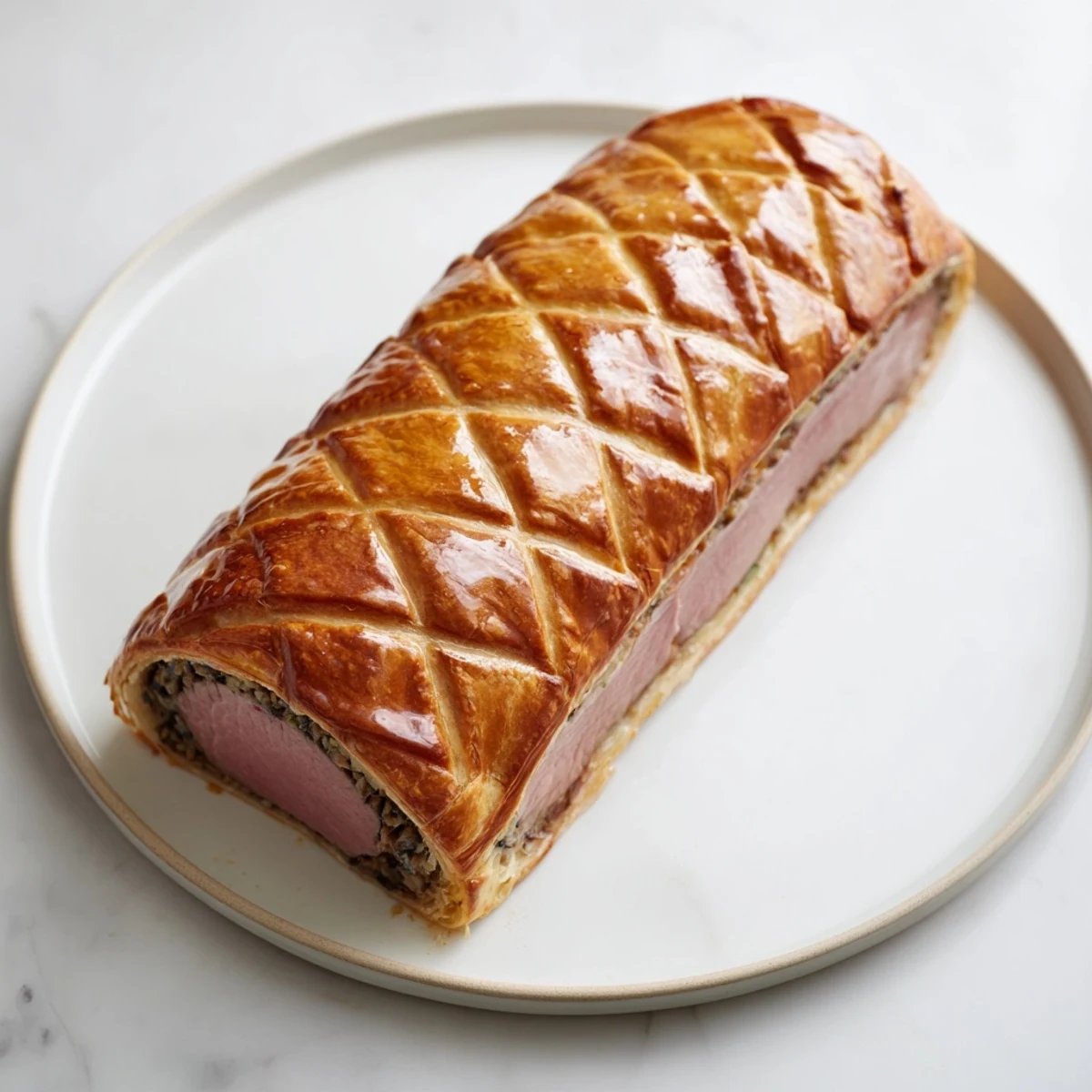 Close-up of a perfectly cooked Beef Wellington, showcasing the layers of flavor and texture inside.