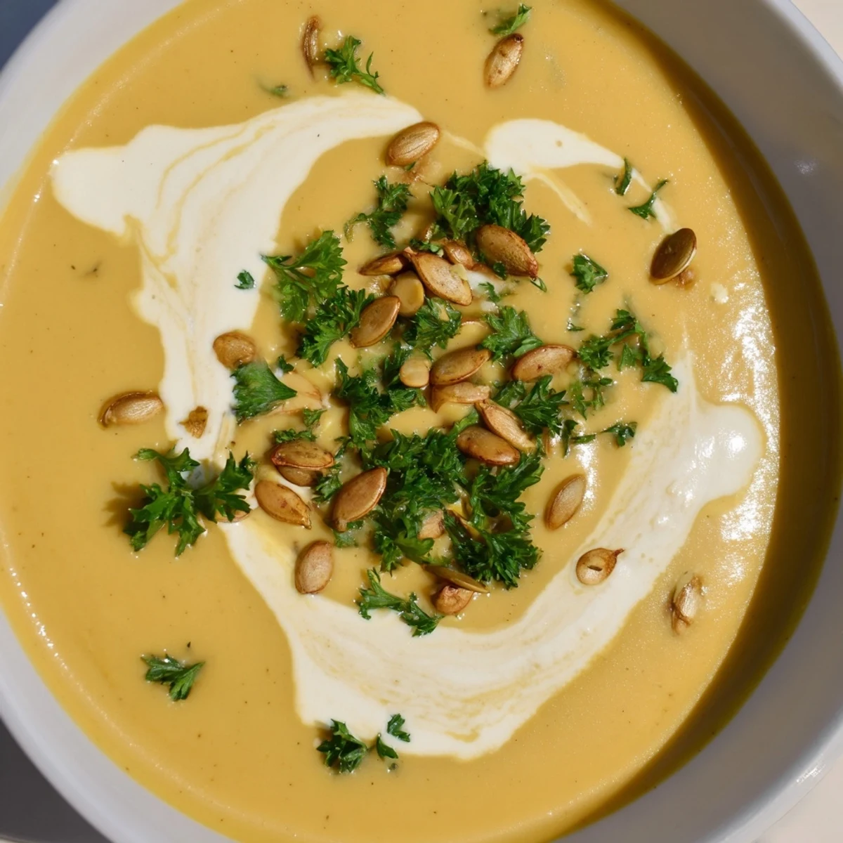Creamy squash soup, ready to serve, with a garnish of herbs and toasted pumpkin seeds.