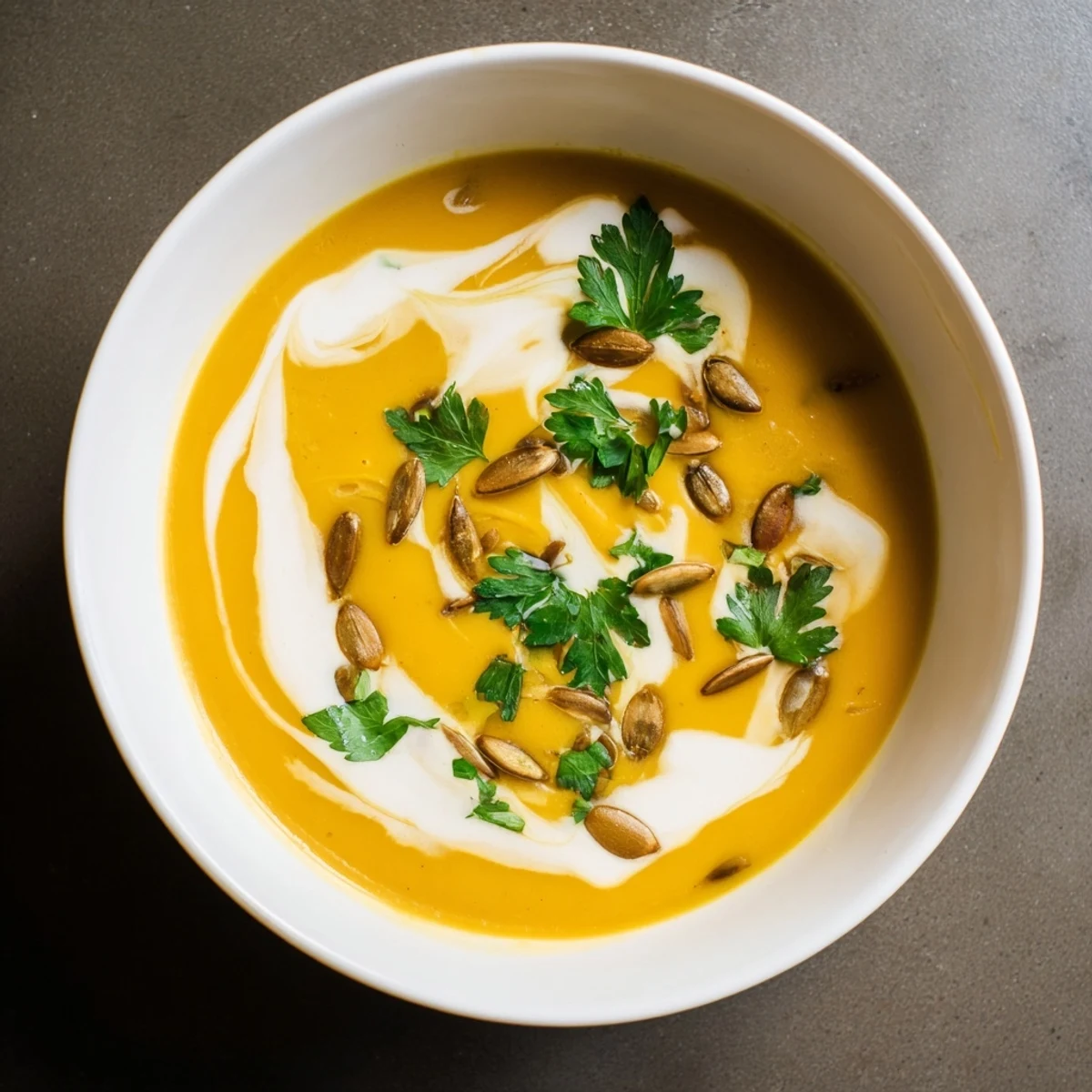 Vibrant orange squash soup, pureed smooth, promising a delicious and vegetarian meal.