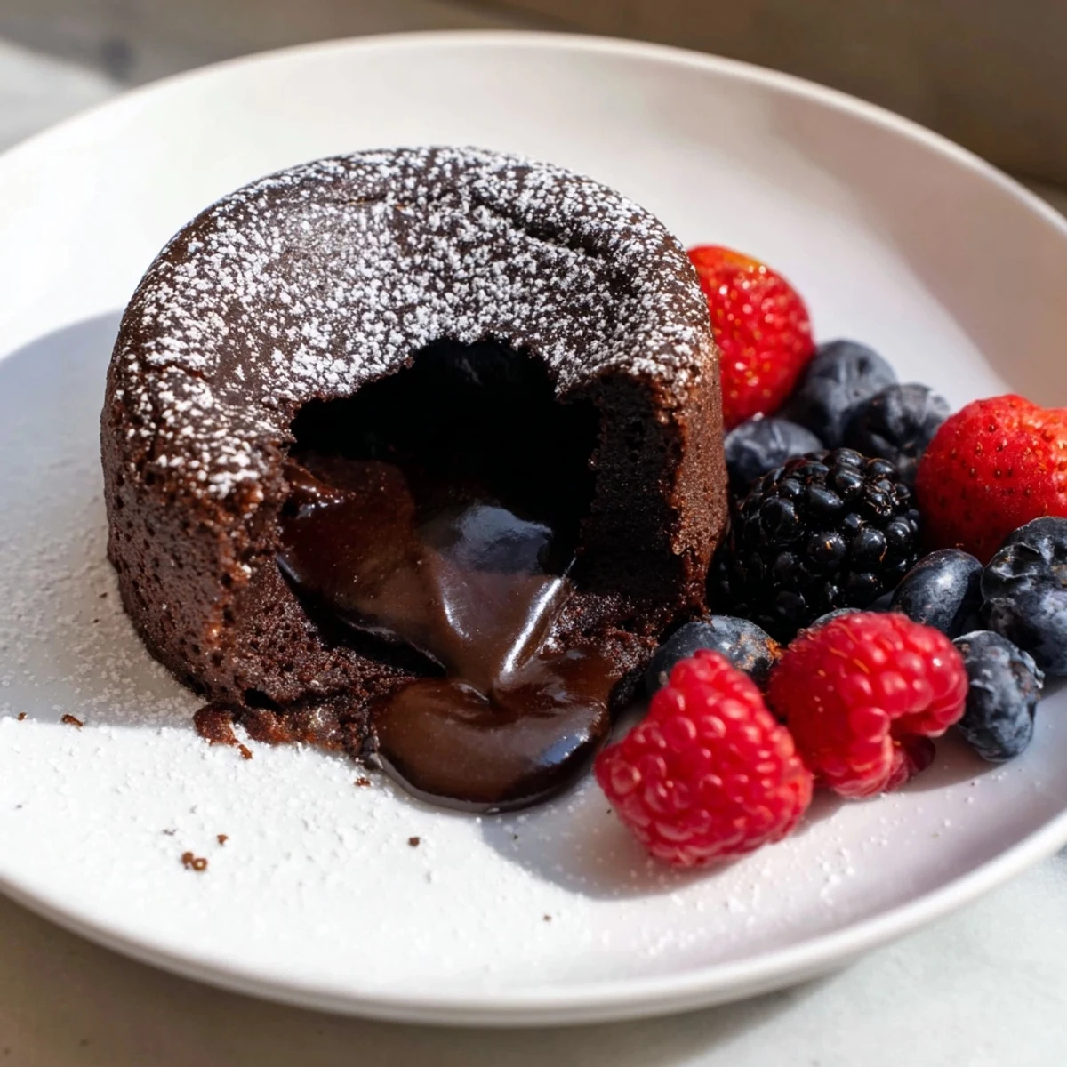 Warm, freshly baked lava cakes with powdered sugar dusting alongside fresh, juicy berries.