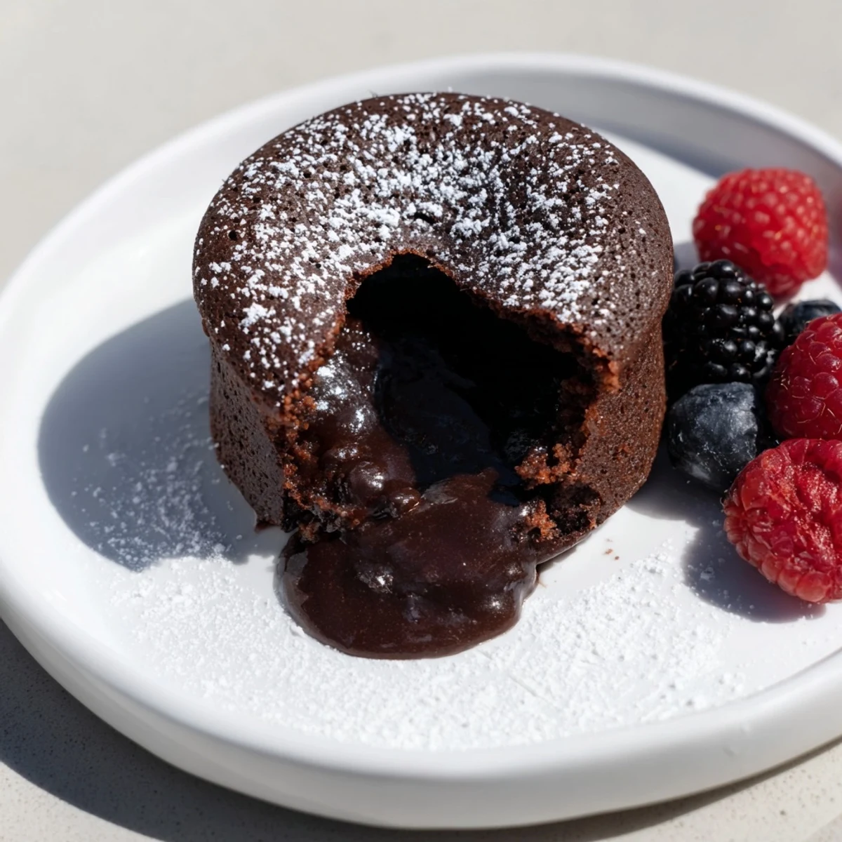 Indulgent forkful of a lava cake, showing a decadent, flowing chocolate center bursting out.