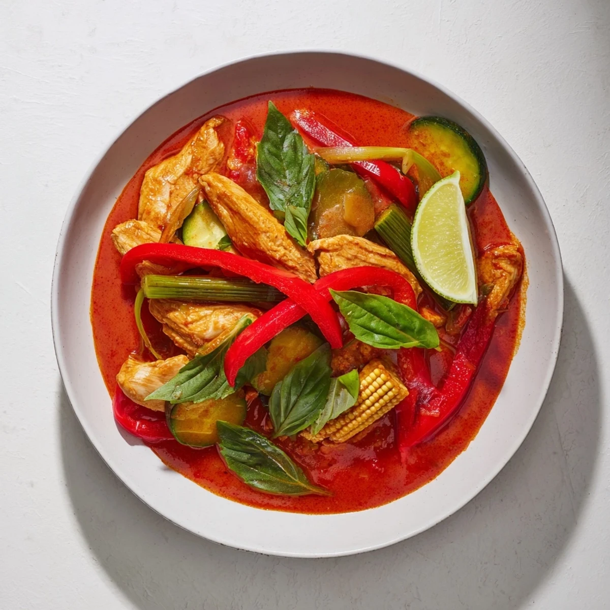 Steaming jasmine rice with vibrant Thai Red Curry, a creamy dish with colorful vegetables and chicken.