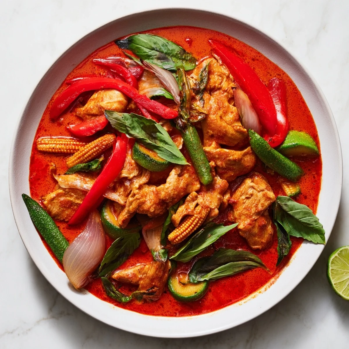 Aromatic, rich Thai Red Curry with tender chicken and crisp veggies, ready for a delicious dinner.