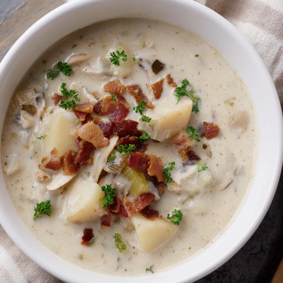 A hearty bowl of creamy New England clam chowder, garnished with fresh parsley and bacon.