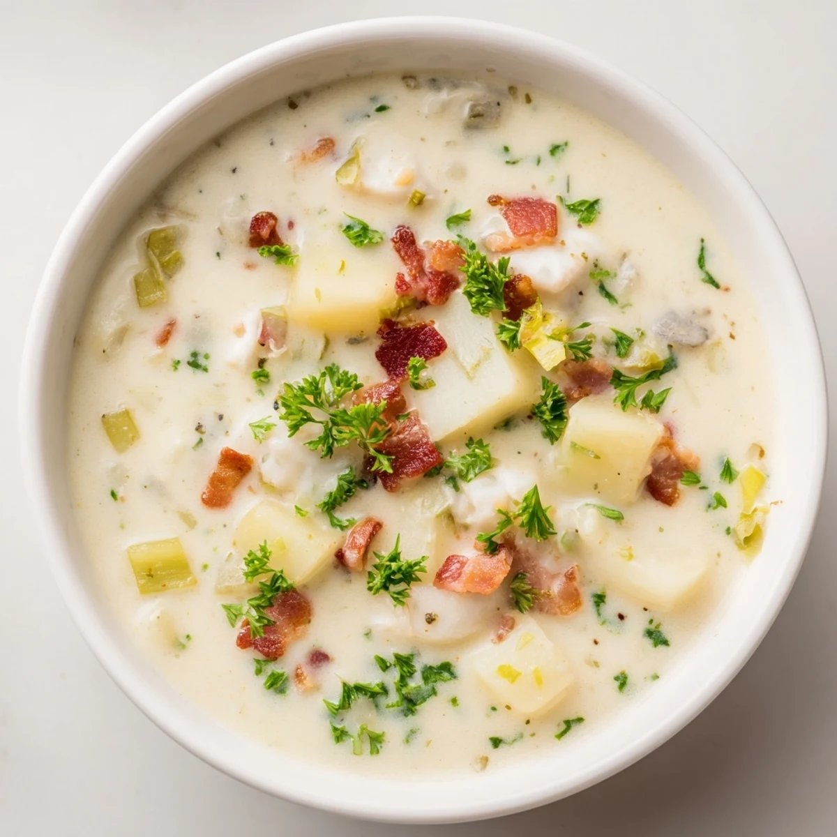 Close-up shot shows a thick and rich New England clam chowder, brimming with tender clams.
