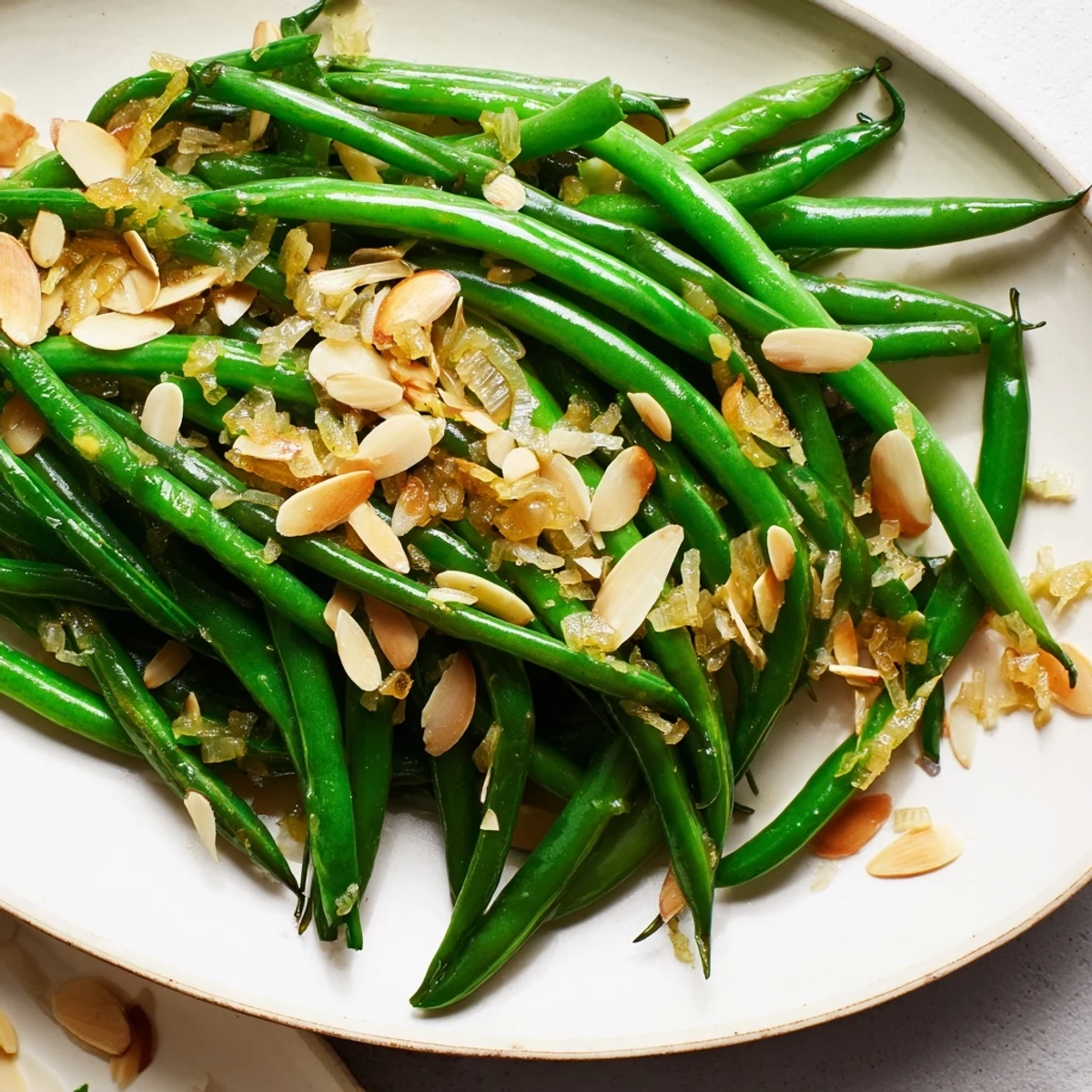 Enjoy this simple yet elegant Green Beans Almondine, featuring bright green beans with a buttery almond garnish.