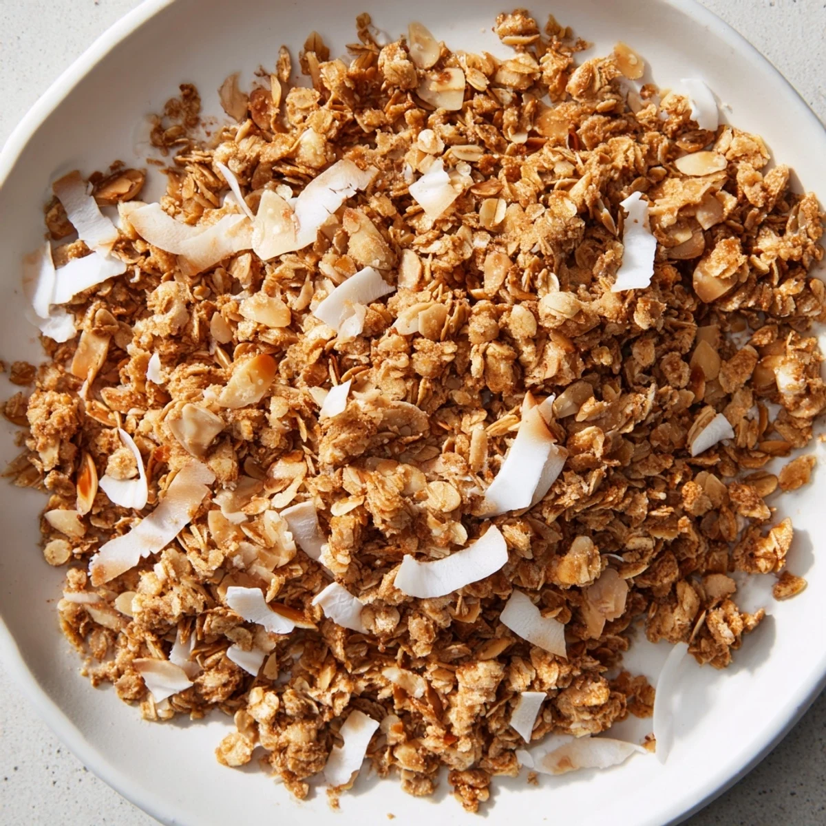 Freshly baked Almond Granola, featuring clusters of oats and almonds, perfect for your morning yogurt.
