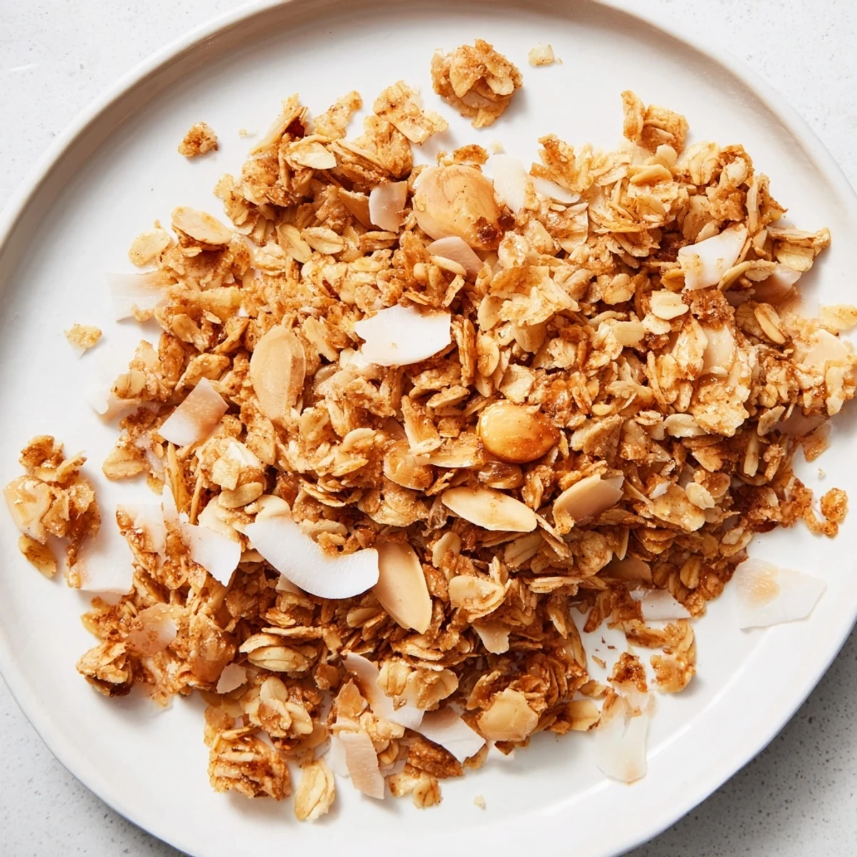 A close-up of sweet and crunchy Almond Granola, with visible almonds, ready to be enjoyed.