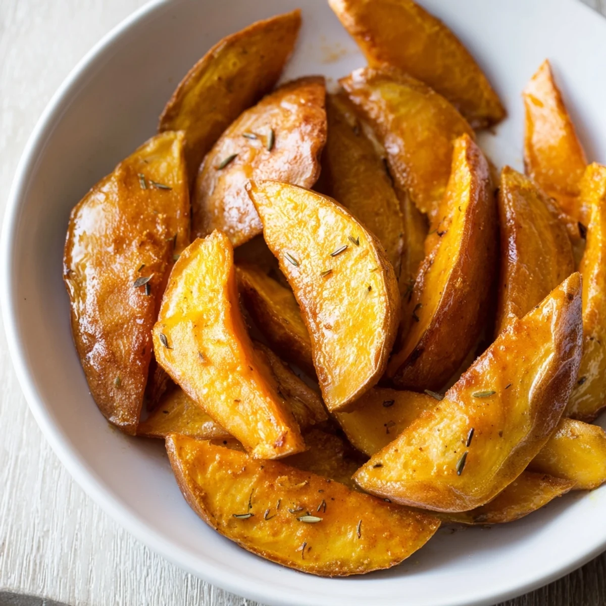 Golden-brown sweet potato wedges, seasoned and roasted to crispy perfection, ready to serve.