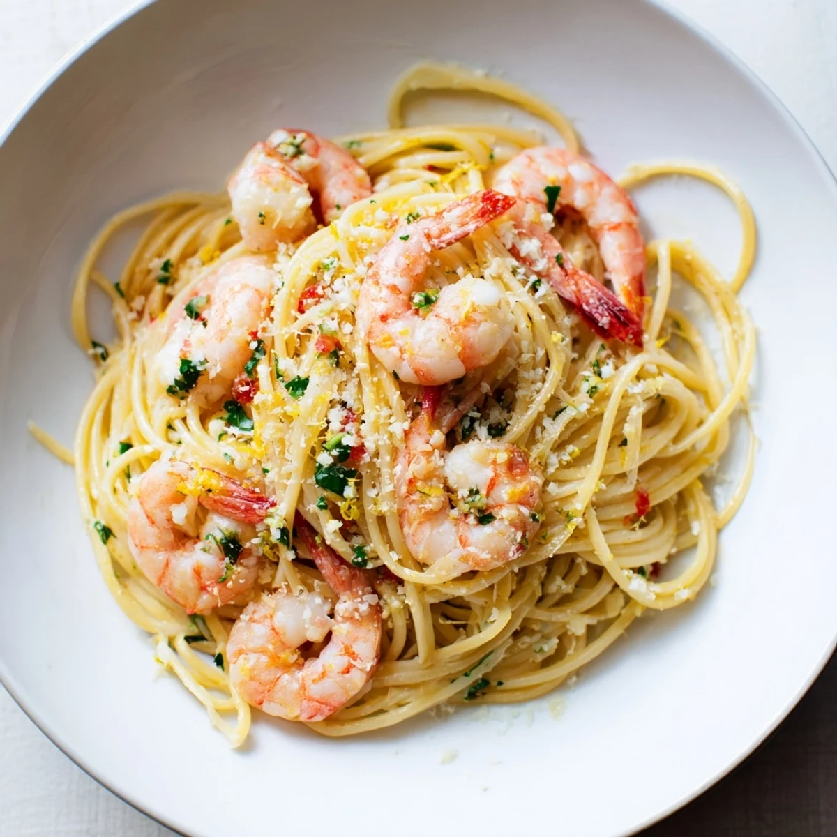 Steaming plate of fresh shrimp pasta, boasting tender shrimp and perfect al dente spaghetti.