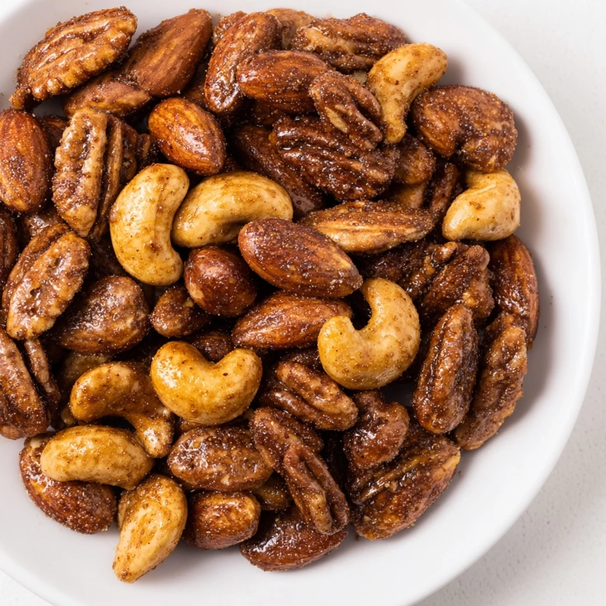 Golden brown spiced nuts, perfectly roasted and fragrant, ready to be enjoyed as a snack.