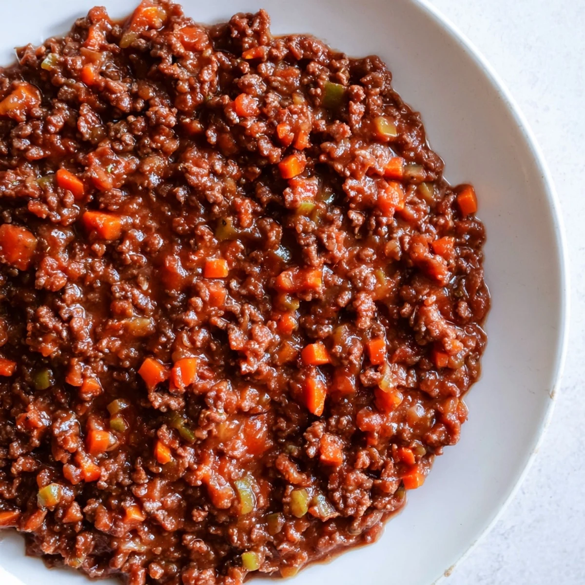 Delicious, steaming bowl of classic minced beef with tender vegetables and rich sauce.