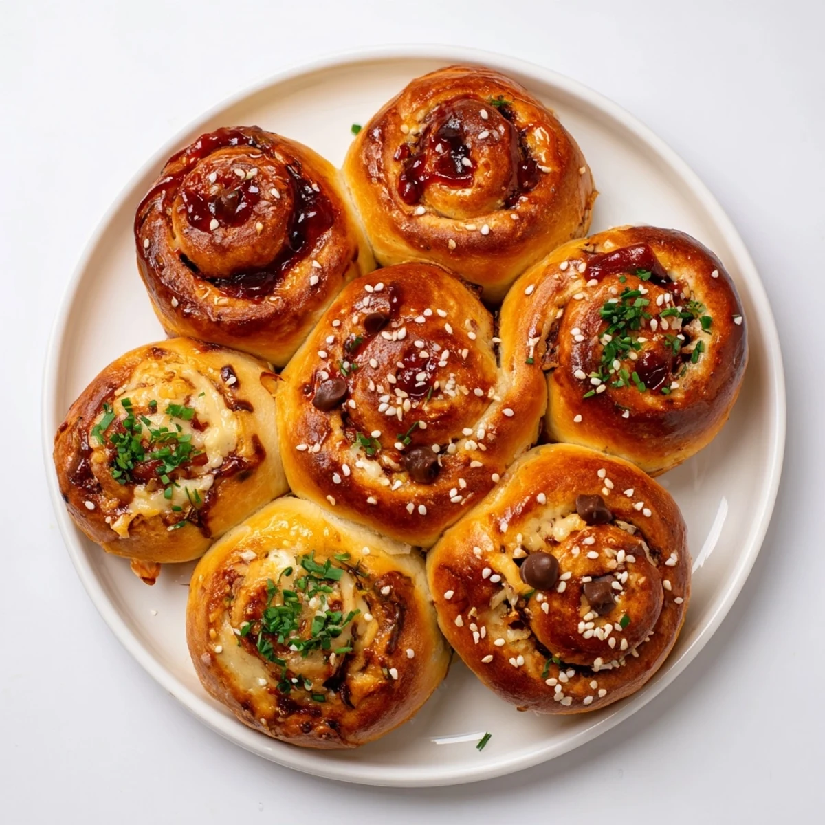 Fresh-baked assortment of baked goods, with glistening tops and various fillings, ready to eat.
