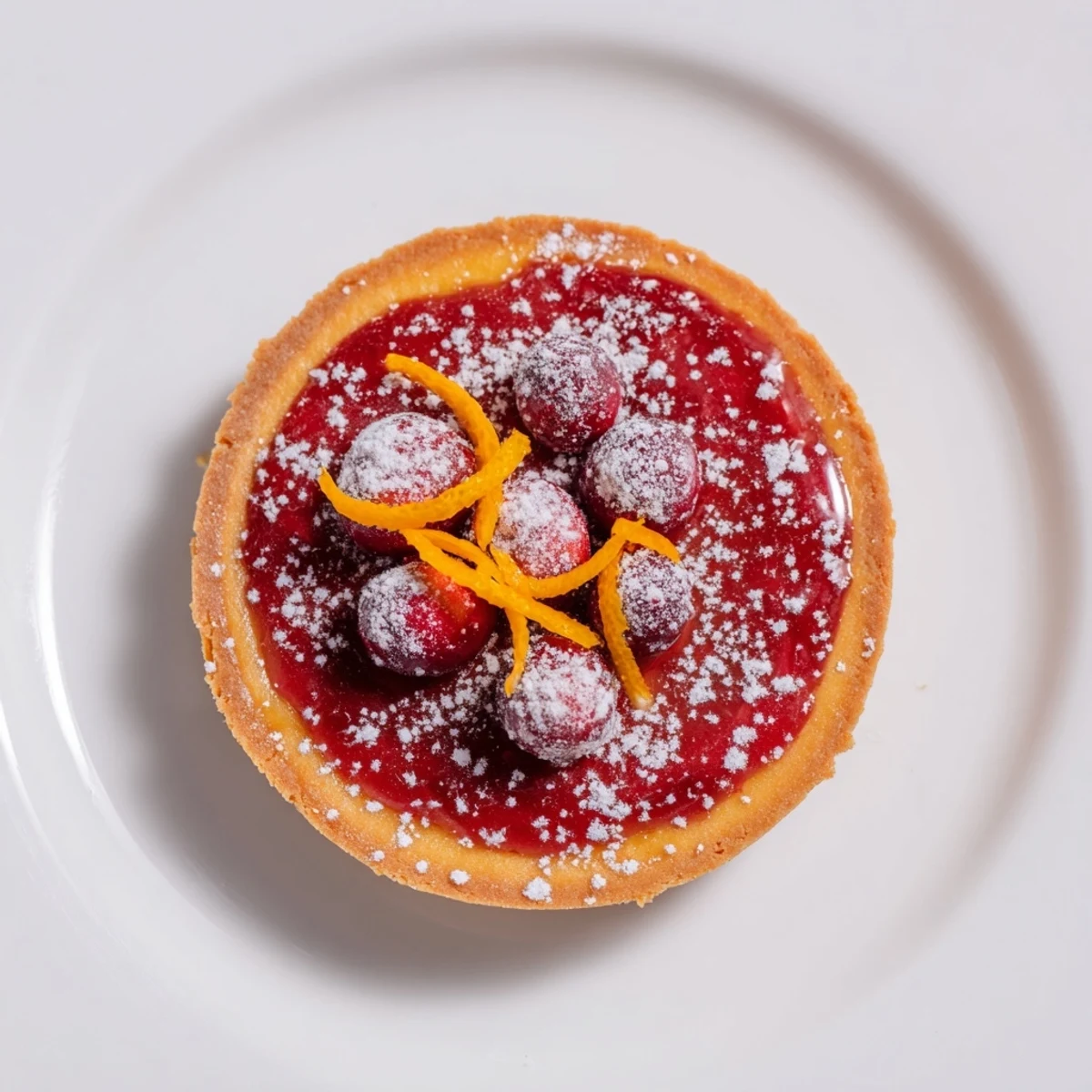 Golden-crusted cranberry tart, with a brilliant red glossy filling, ready to serve this holiday season.