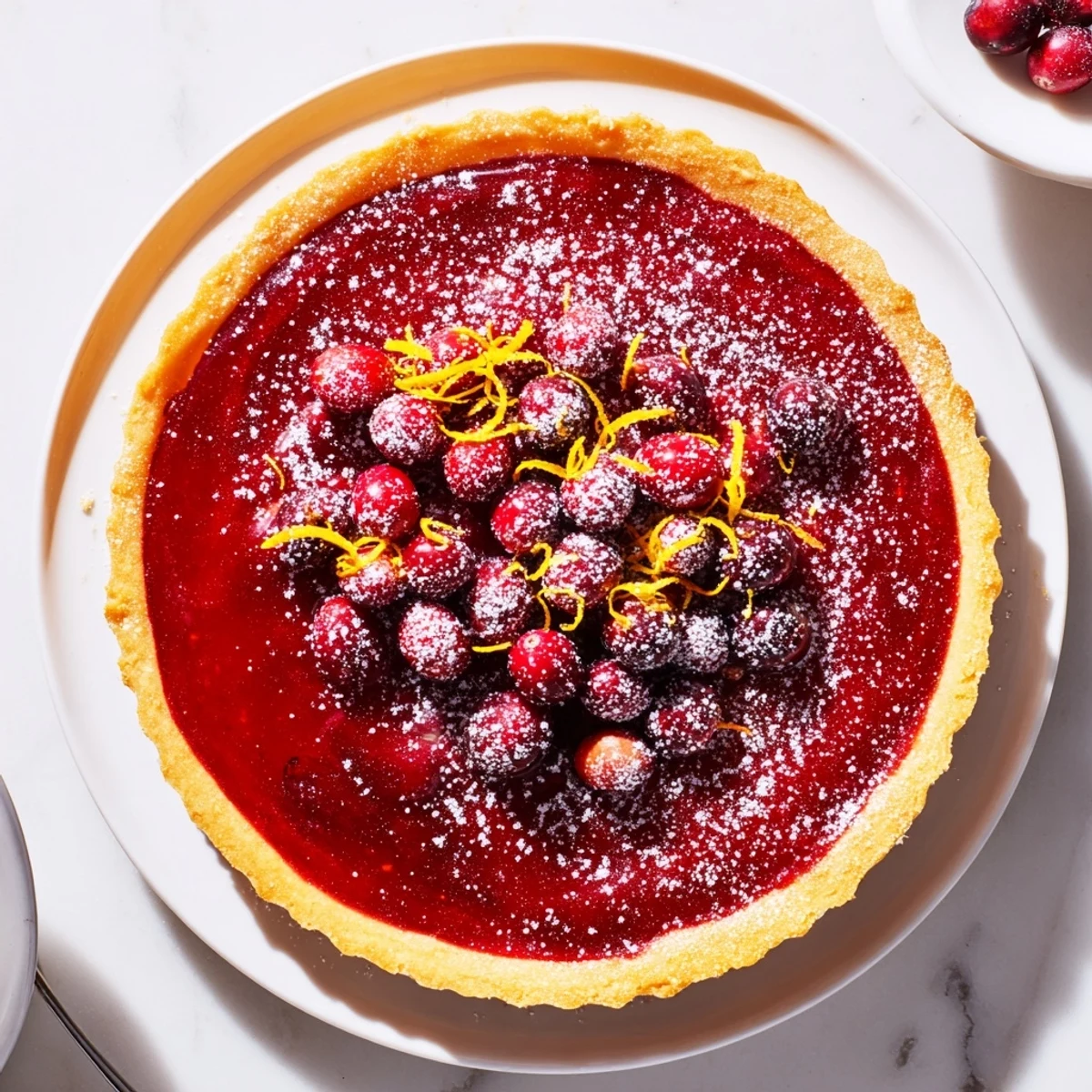 A close-up shot of a perfect cranberry tart showcases a buttery crust and tart, sweet cranberries.