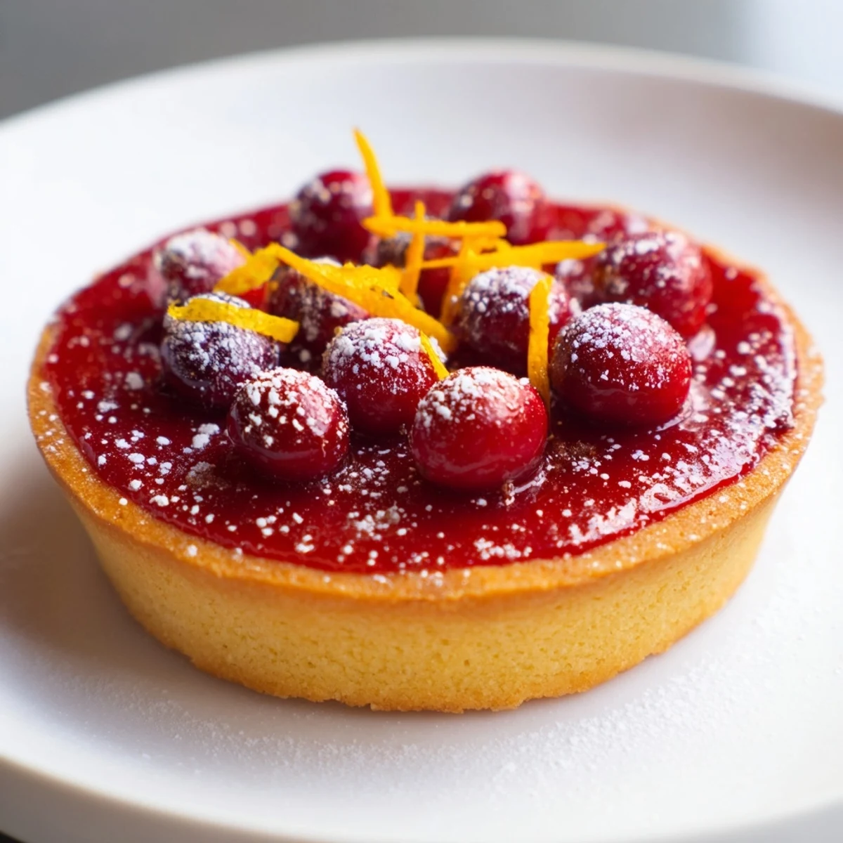 Freshly baked cranberry tart, garnished with orange zest, offers a blend of sweet and tart flavors.
