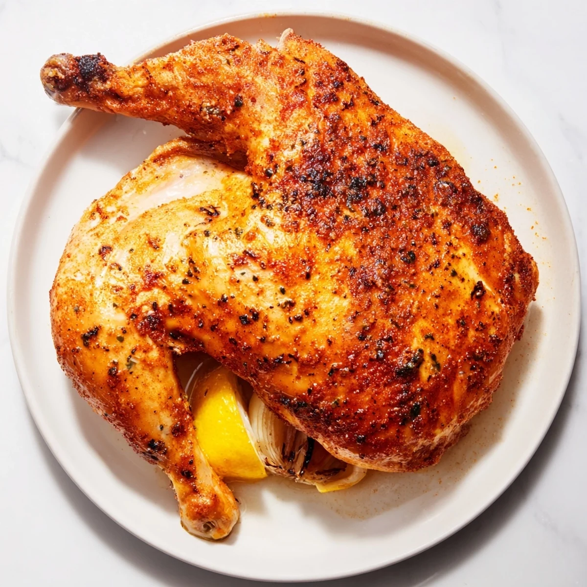 Golden-brown skin-crispy roast chicken, succulent and savory with herbs, ready to serve, a comforting meal.