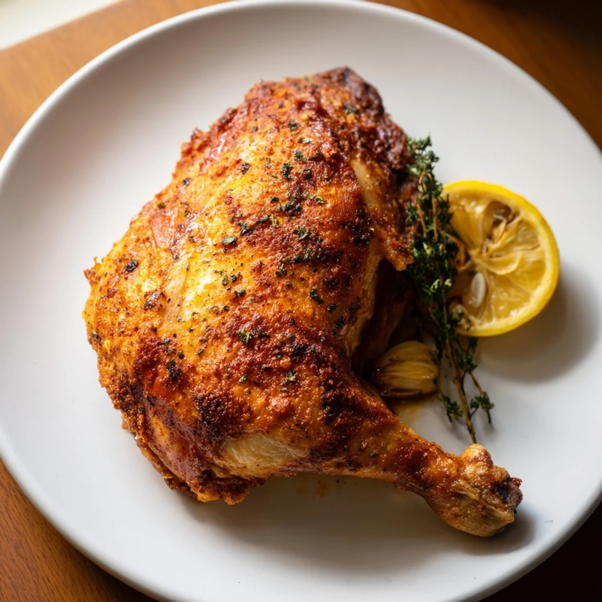 Imagine a whole skin-crispy roast chicken: picture its crispy skin, herbs, and glistening golden perfection.