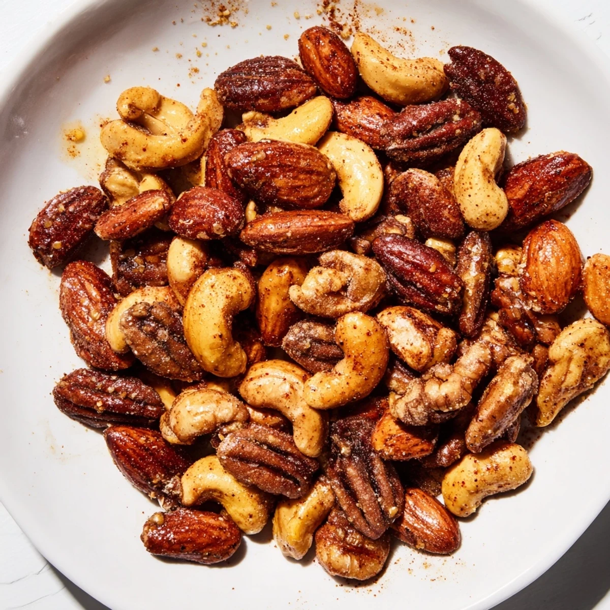 A close-up of freshly roasted mixed nuts, seasoned with herbs for a delightful flavor profile.