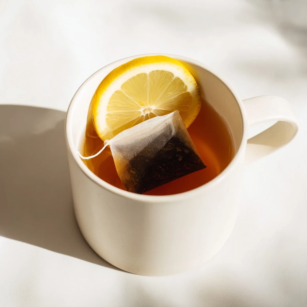 Freshly brewed Bag Tea, presented in a favorite mug, ready to be enjoyed with a hint of lemon.