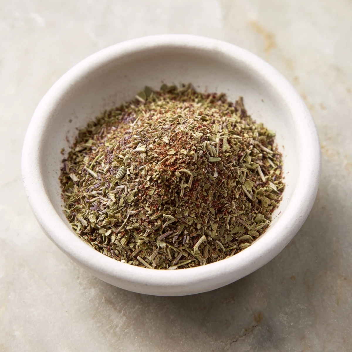 A perfectly blended Taste Savory seasoning: dried herbs and aromatics waiting to be added to recipes.
