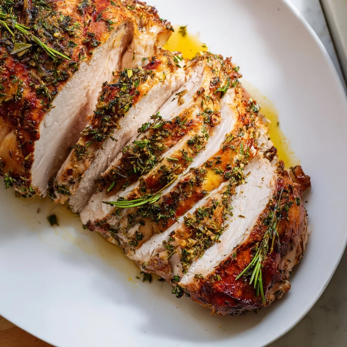 Fragrant Herb Spiced Roast Chicken, herbs clinging crisply to moist, tender, roasted chicken meat.