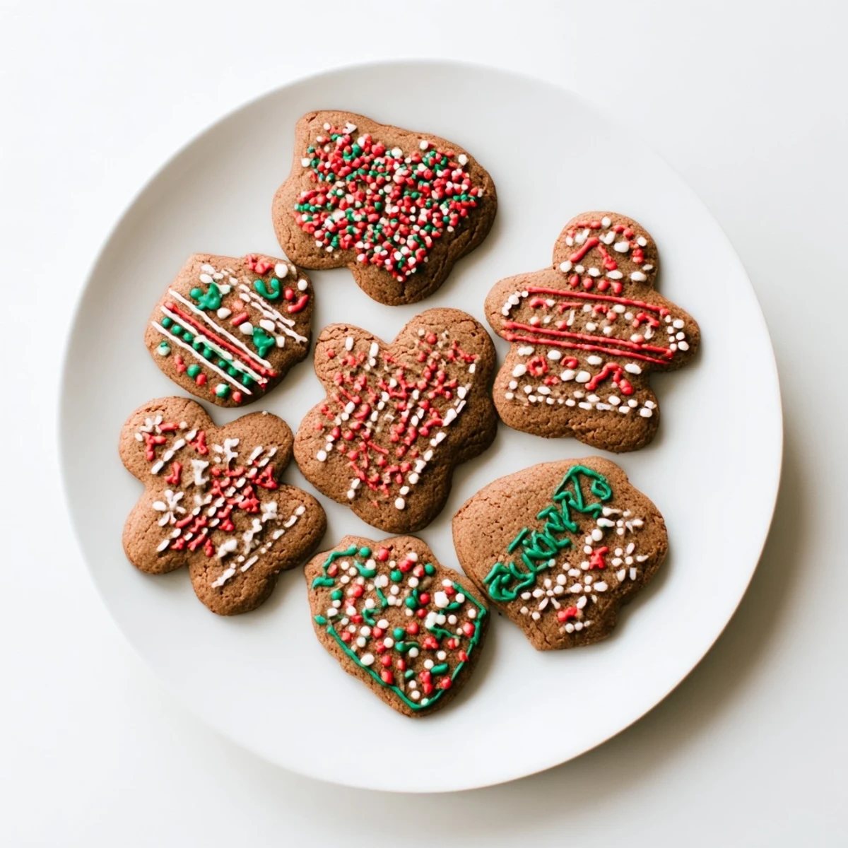 Holiday-ready cutout gingerbread cookies decorated with white icing and colorful sprinkles, a delicious classic.