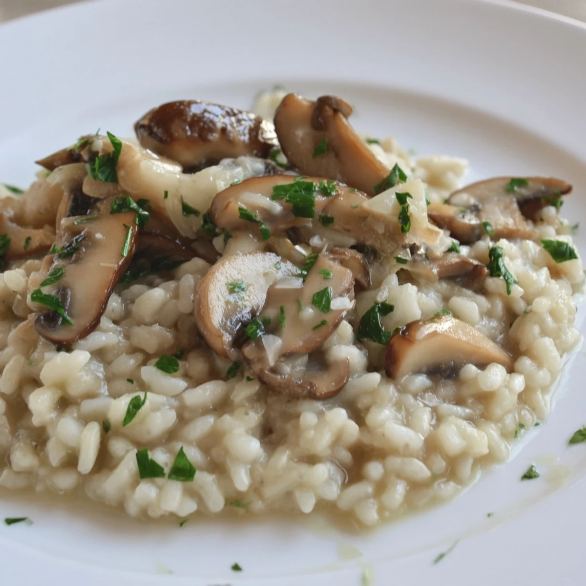 Steaming bowl of creamy mushroom risotto, garnished with fresh parsley, ready to eat!