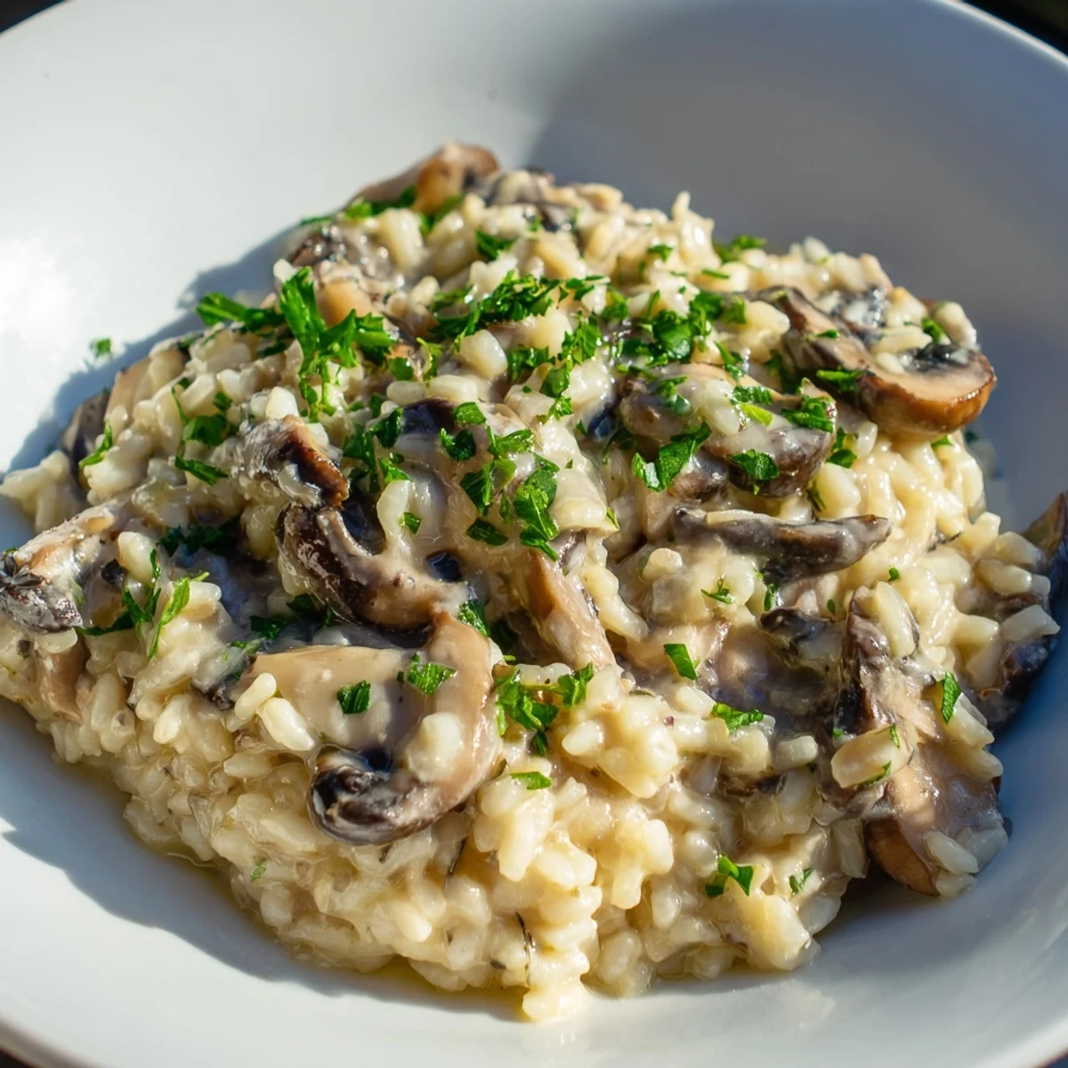 A spoon scooping up the perfect creamy mushroom risotto, with visible mushrooms and cheese.