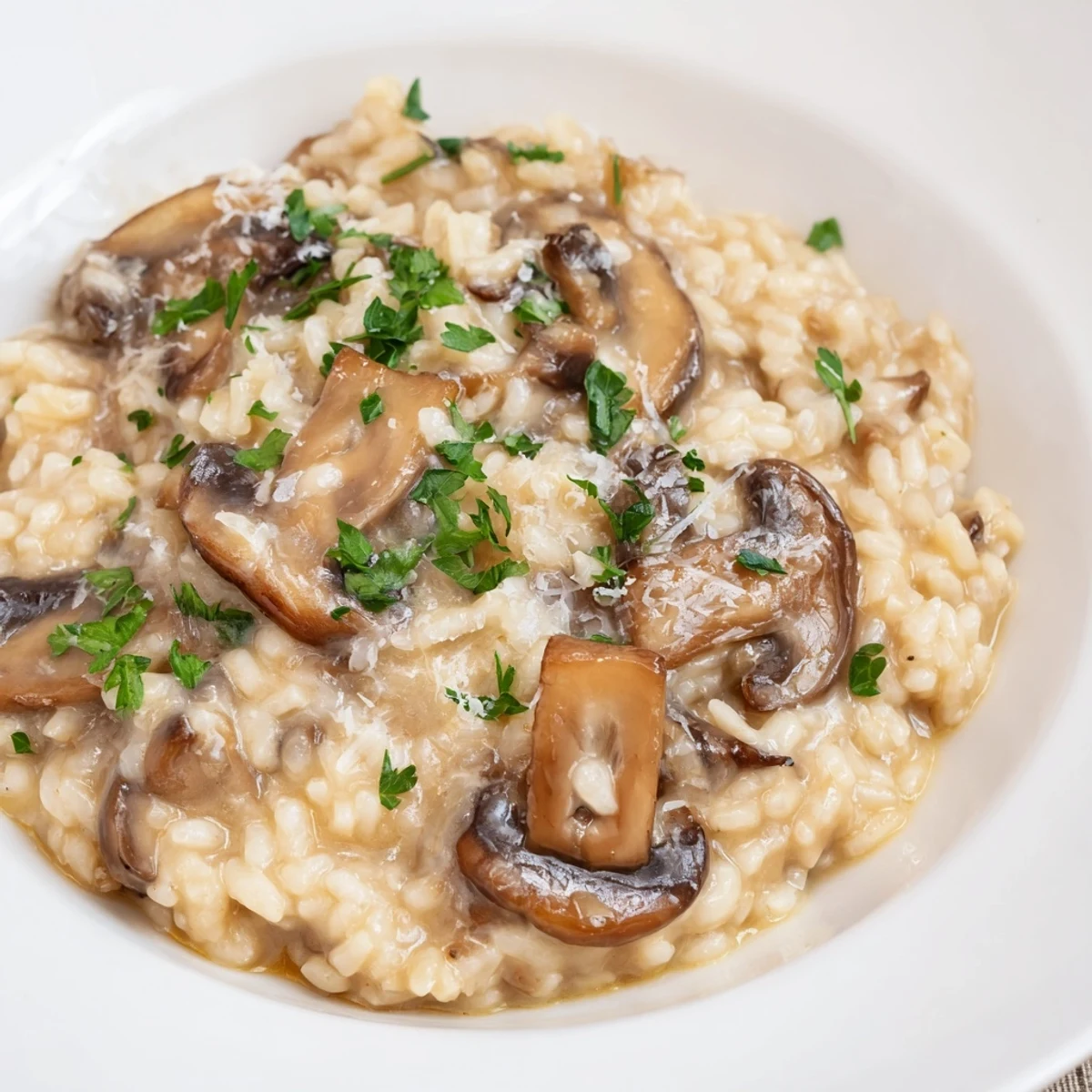 Close-up of golden creamy mushroom risotto, a vegetarian Italian favorite, so delicious.