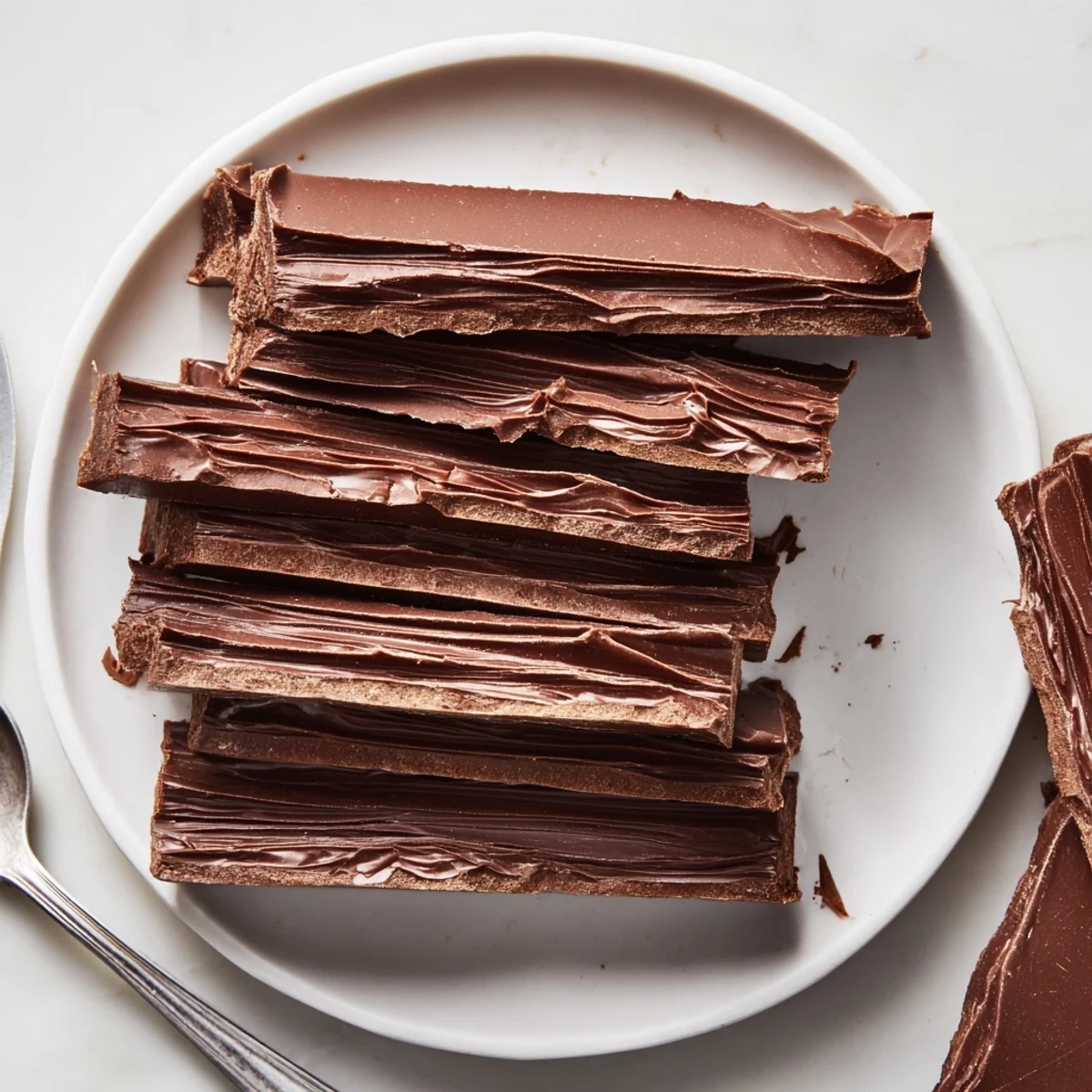 Close-up of freshly made Flake Chocolate, showing elegant, layered chocolate bars, ready to enjoy.