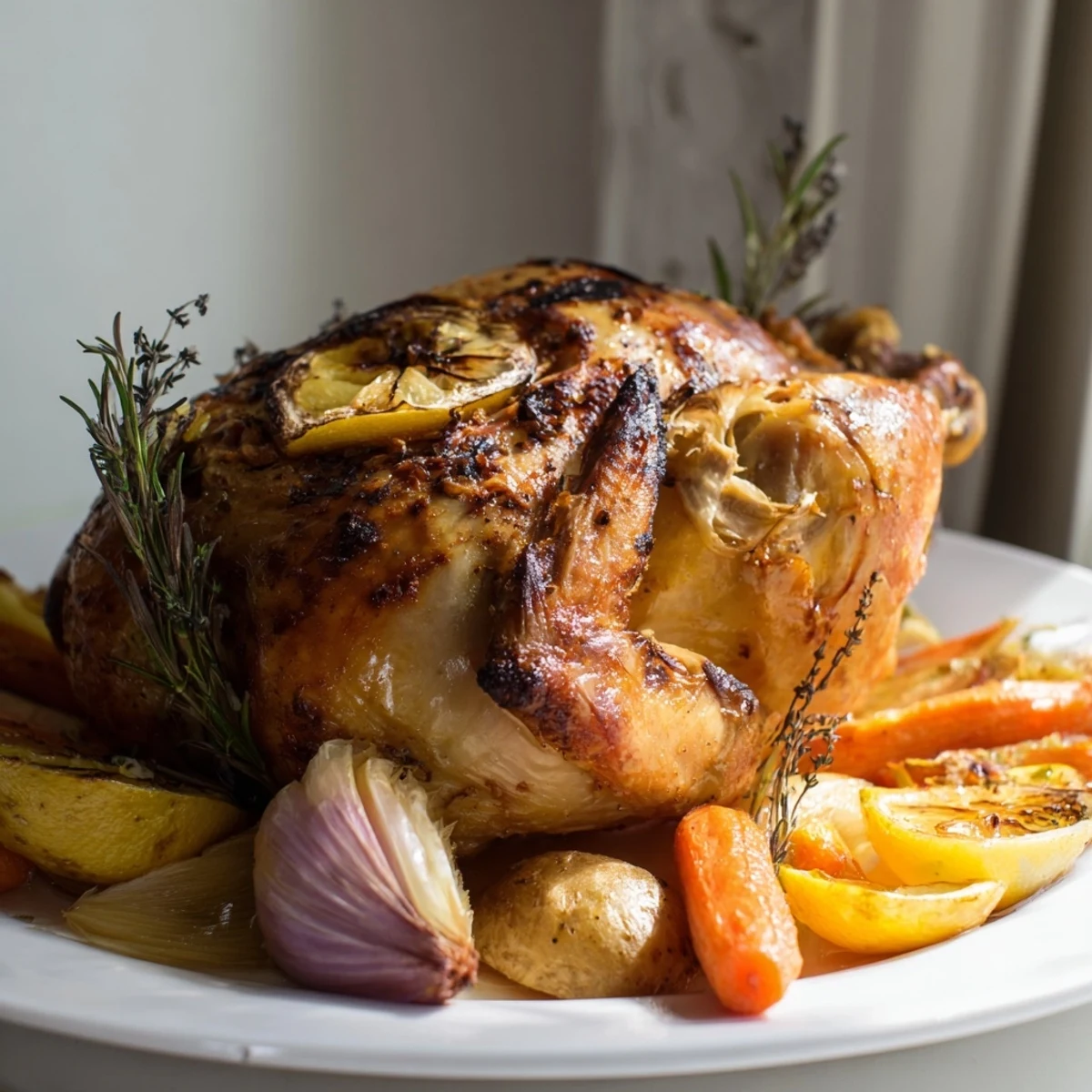 Golden roasted chicken with lemon and herbs, a flavorful and juicy main dish served with roasted vegetables.