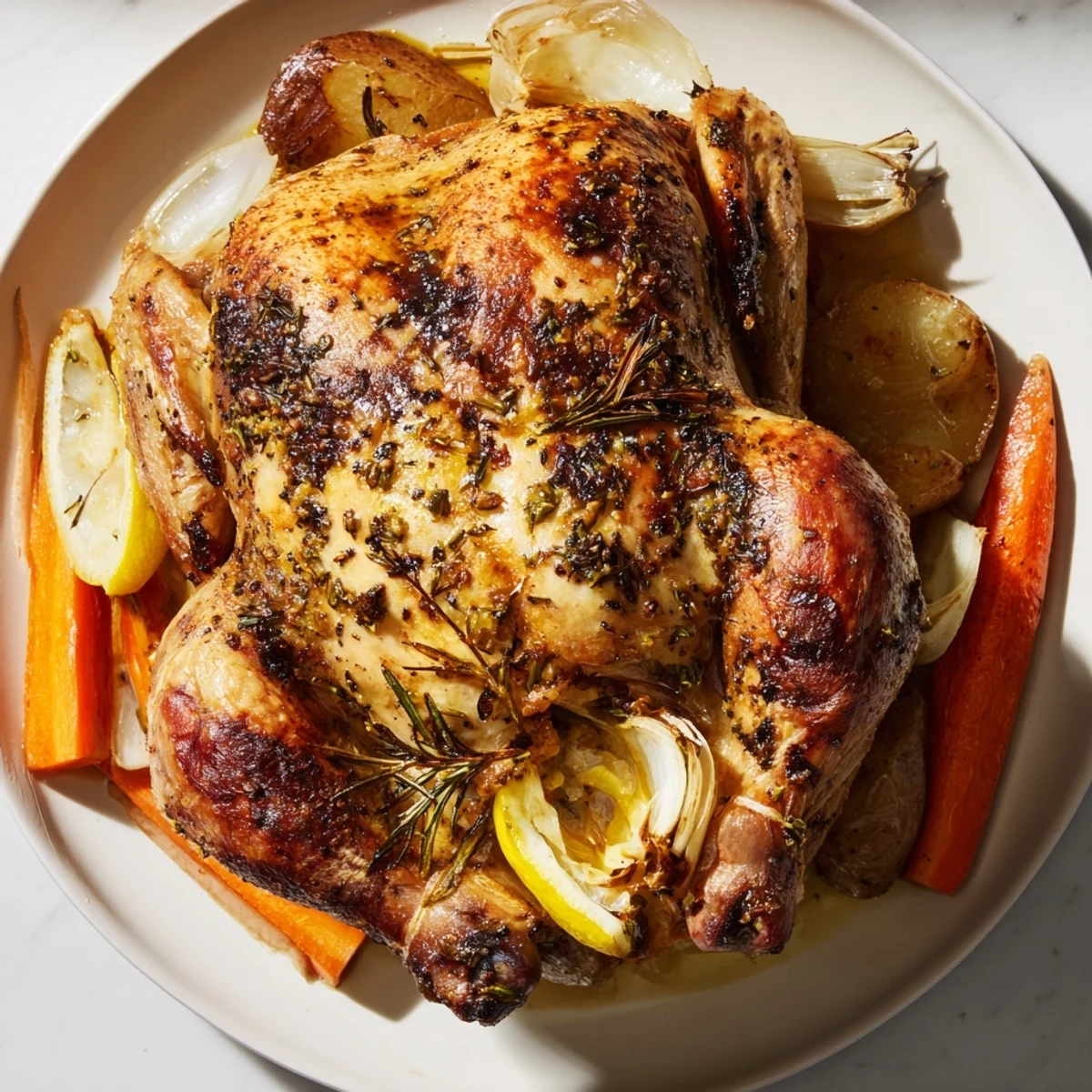 Juicy, seasoned roasted chicken with lemon and herbs, featuring crispy skin for a delightful dinner experience.