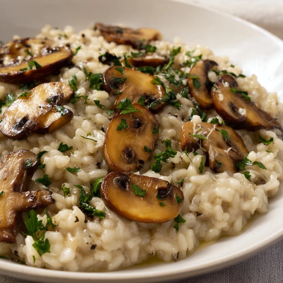 A creamy mushroom risotto, beautifully garnished with fresh parsley and a hint of luxurious truffle oil.