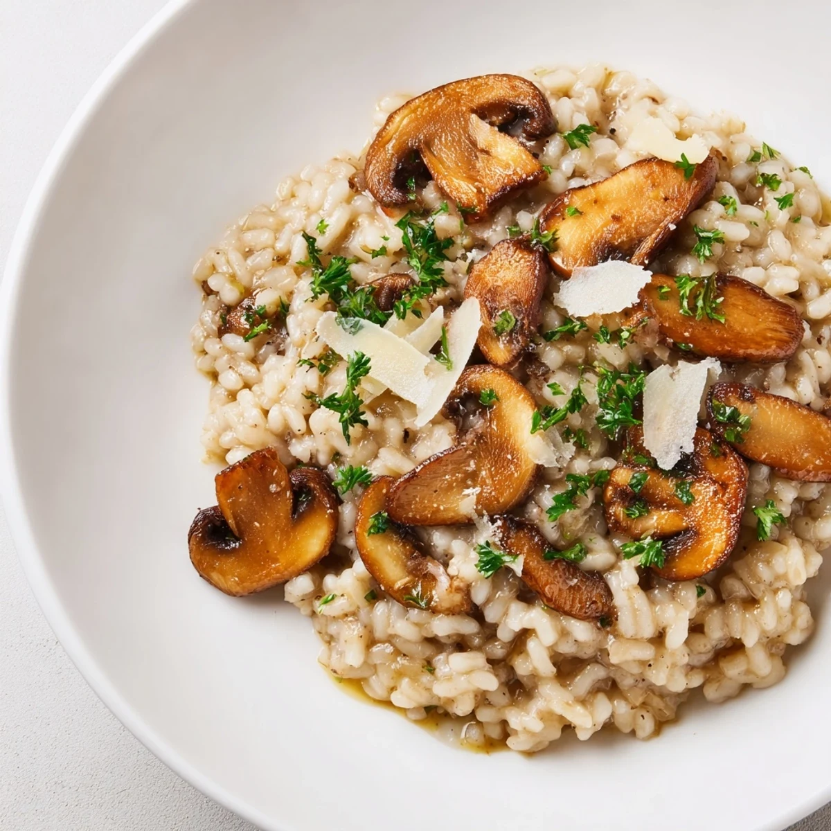 Delicious, vegetarian Creamy Mushroom Risotto, with sautéed mushrooms and a sprinkle of Parmesan.
