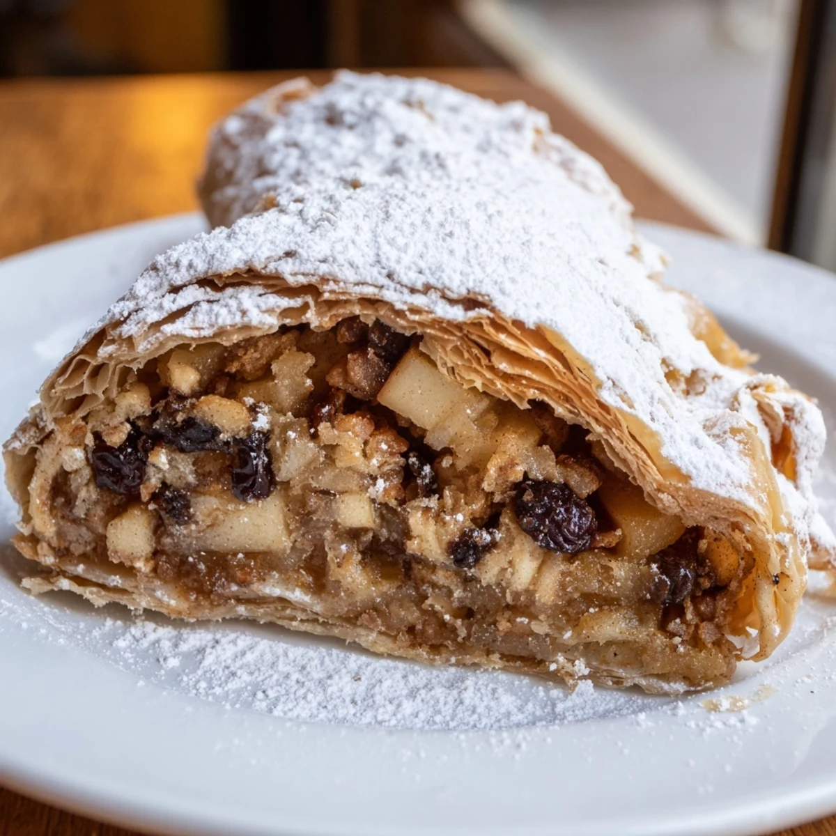 Golden-brown warm apple strudel, flaky crust filled with spiced apples, perfect for dessert.