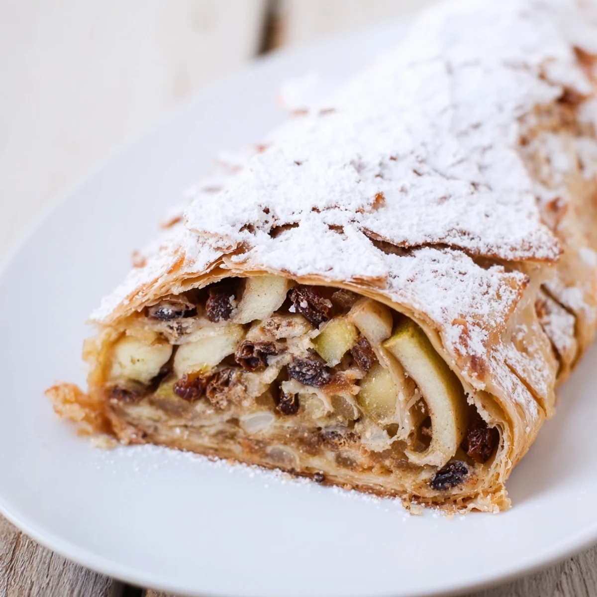 A close up shows the delicious layers of warm apple strudel, dusted with powdered sugar and ready to eat.