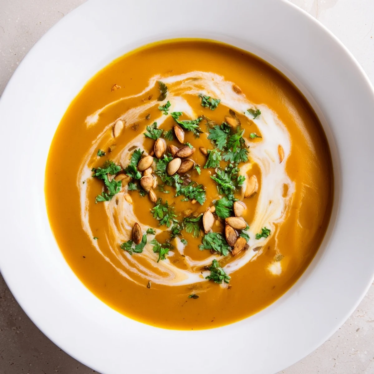 Bowl of creamy Spiced Butternut Squash Soup, garnished with coriander and toasted pumpkin seeds.